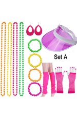 80s Neon Bracelet Necklace Bow Headband Fishnet Gloves Lighting Earring Leg Warmers