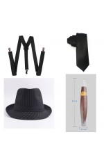 Black Mens 1920s 20s Gangster Set Hat Braces Tie Cigar Gatsby Costume Accessories