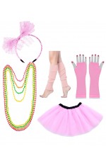 Baby Pink Ladies 80s Tutu Skirt Fishnet Gloves Leg Warmers Necklace Set