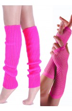Pink 80s Neon Fishnet Gloves Leg Warmers Costume Accessory Set