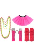 Dark Pink Coobey Ladies 80s Tutu Skirt Fishnet Gloves Leg Warmers Necklace