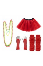 Red Coobey Ladies 80s Tutu Skirt Fishnet Gloves Leg Warmers Necklace