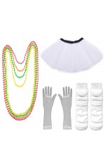 White Coobey Ladies 80s Tutu Skirt Fishnet Gloves Leg Warmers Necklace