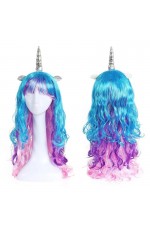 Girls Unicorn Colorful Wave Pony Wig Silver Horn