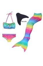 Girl Kids Swimmable Mermaid Tail With Monofin Rainbow Swimsuit