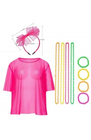 Pink Neon Fishnet Vest Top T-Shirt 1980s Costume Plus Beaded Necklace Bracelet lx3013-1tt1017tt1050tt1048-12