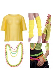 Yellow Neon Fishnet Vest Top T-Shirt 1980s Costume Plus Beaded Necklace Bracelet legwarmers gloves