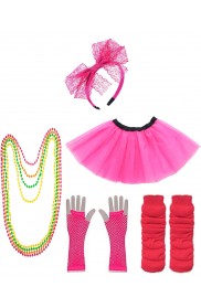 Dark Pink Coobey Ladies 80s Tutu Skirt Fishnet Gloves Leg Warmers Necklace Dancing Costume Accessory Set tt1074-2tt1059-1lx3006-7tt1017tt1048-12