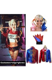 Harley Quinn Harlequin Suicide Squad Full Costume Set Plus Wigs and Gloves