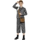 Kids WW2 evacuee boy costume with grey jacket, cap and satchel