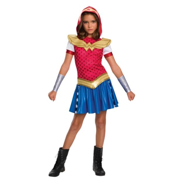 Girls Wonder Woman costume dress with hooded pink bodice and blue star skirt