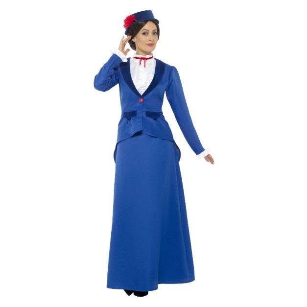 Victorian nanny costume showing peplum jacket with side bow detail and floor-length skirt Victorian nanny costume showing peplum jacket with side bow detail and floor-length skirt