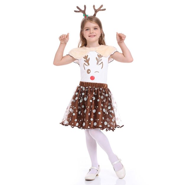 Girls Christmas reindeer costume with brown polka dot tutu skirt and antler headband Girls Christmas reindeer costume with brown polka dot tutu skirt and antler headband