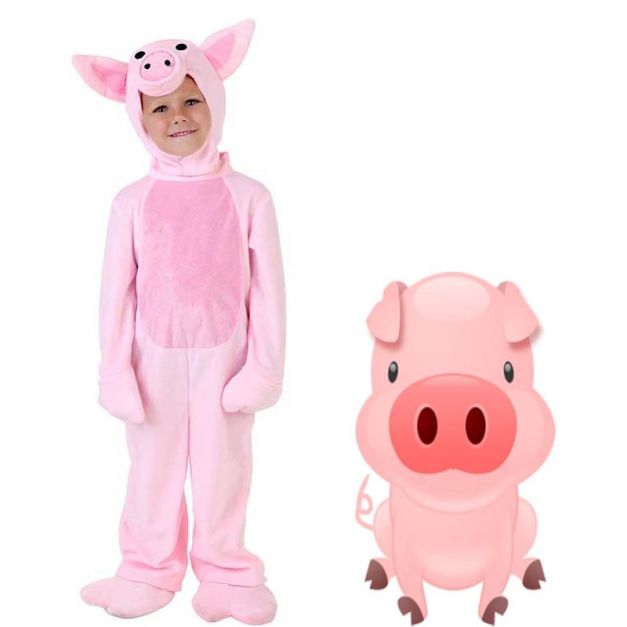 Kids pink piglet costume onesie with 3D pig hood and hoof mitts