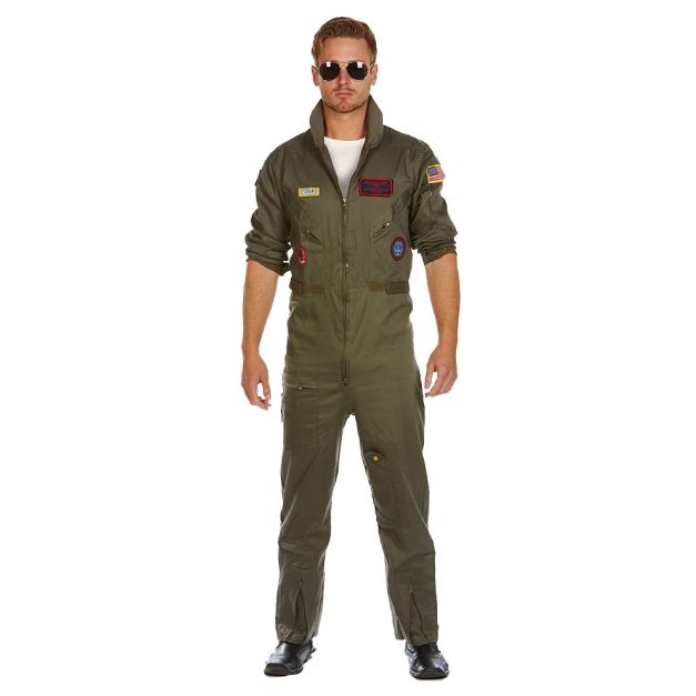 Adult aviator costume - military olive green flight suit with embroidered patches Adult aviator costume - military olive green flight suit with embroidered patches