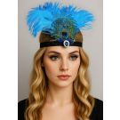 Adult 1920s Gatsby headband with blue ostrich feathers and peacock eye detail