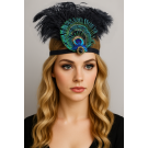Adult 1920s peacock feather flapper headband with iridescent green plumes and gem brooch