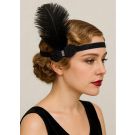 Black feather flapper headband with beaded Art Deco bow and rhinestone accent