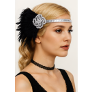 Black feather flapper headband with Art Deco rhinestone brooch and elastic band