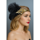 Adult 1920s Gold Feather Headband with Black Plume and Rhinestone Brooch - alternate view