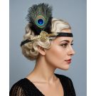 1920s gatsby peacock feather headband with gold beaded medallion on black velvet elastic band