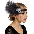 Black feather flapper headband with rhinestone brooch and pearl chains on model