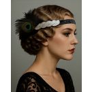 1920s Gatsby Headband – Silver Beaded with Peacock Feather