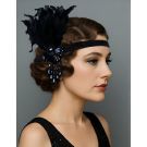 Adult 1920s black feather flapper headband with navy crystal Art Deco brooch and beaded fringe