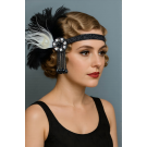 1920s Feather Headband – Black & White Flapper with Crystal Beads