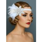 White feather and beaded flower 1920s Gatsby headband on elastic band