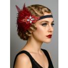 Adult 1920s flapper headband with red feather cluster and crystal beaded appliqué on black elastic band