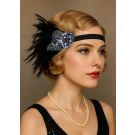 Black feather flapper headband with silver sequin appliqué and Art Deco beadwork