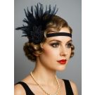 Black beaded 1920s flapper headband with feather plume on model