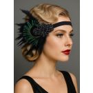 Black 1920s flapper headband with iridescent peacock eye feather and beaded art deco applique