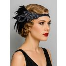 Black 1920s flapper headband with Art Deco beading and feather plume
