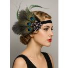 Black glitter elastic headband with three natural peacock eye feathers and beaded gem flower appliqué