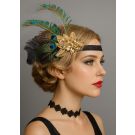 Adult 1920s gold peacock feather headband with sequin applique on black glitter elastic band