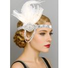 Adult 1920s flapper headband with white peacock feathers and rhinestone medallion