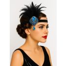 Adult 1920s flapper headband with turquoise blue rhinestone centerpiece and black feather plume