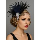 Adult 1920s Gatsby feather headband with black and navy plumes and Art Deco rhinestone brooch