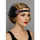 Black feather flapper headband with red crystal rosette on elastic band