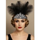 Adult 1920s black feather headpiece with silver sequin art deco band and rhinestone accent