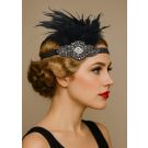 Adult 1920s black feather headband with rhinestone art deco detail on elastic band