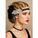 Black feather flapper headband with crystal rhinestone centerpiece and silver chains