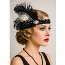 Adult 1920s flapper headband with black and white ostrich feathers and rhinestone centerpiece