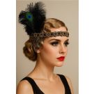 Adult 1920s flapper headpiece with peacock eye feather and black ostrich plume