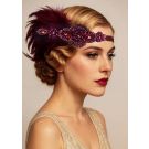 Wine red 1920s flapper headband with layered feather plume and Art Deco beading
