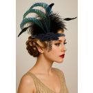 Womens peacock feather headband with tall teal and emerald plumes on black sequin Art Deco base