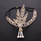 Close-up of Austrian rhinestone crystals and pearl medallion on flapper headband