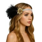 Gold flapper headband with black ostrich feather and rhinestone chain fringe